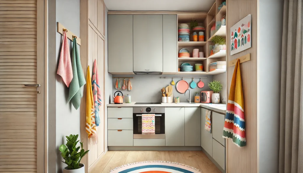 A compact, modern kitchen featuring subtle colorful accents like dish towels and kitchen appliances. The design maintains a clean, neutral base with pops of color, creating a cheerful yet uncluttered atmosphere