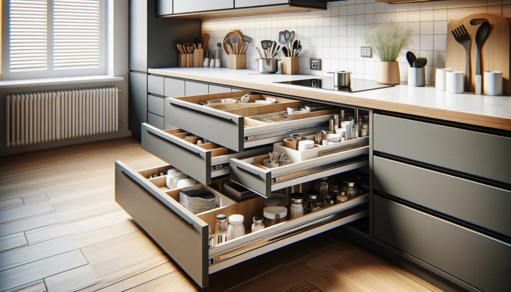 A sleek, modern kitchen with pull-out drawers that offer organized storage for utensils and kitchen tools, designed to maximize space in a compact kitchen