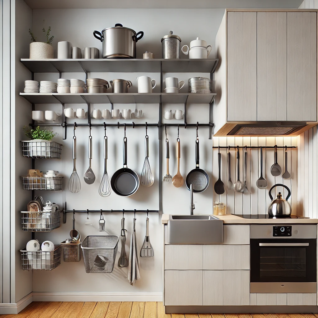 A small modern kitchen with a sleek wall-mounted pot rack for hanging kitchen tools and cookware, organized for easy access. The kitchen is designed to maximize storage and functionality