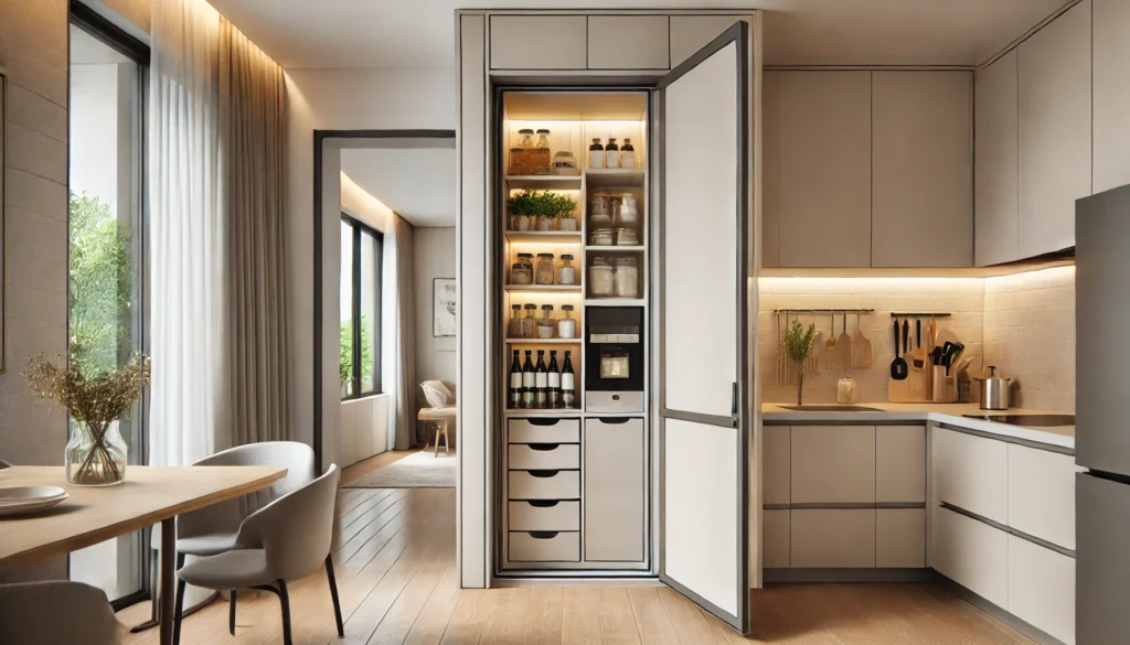 A modern, compact kitchen with a sliding door leading to an organized pantry. The kitchen features light-colored cabinetry, a neat countertop, and a contemporary design, maximizing space efficiently