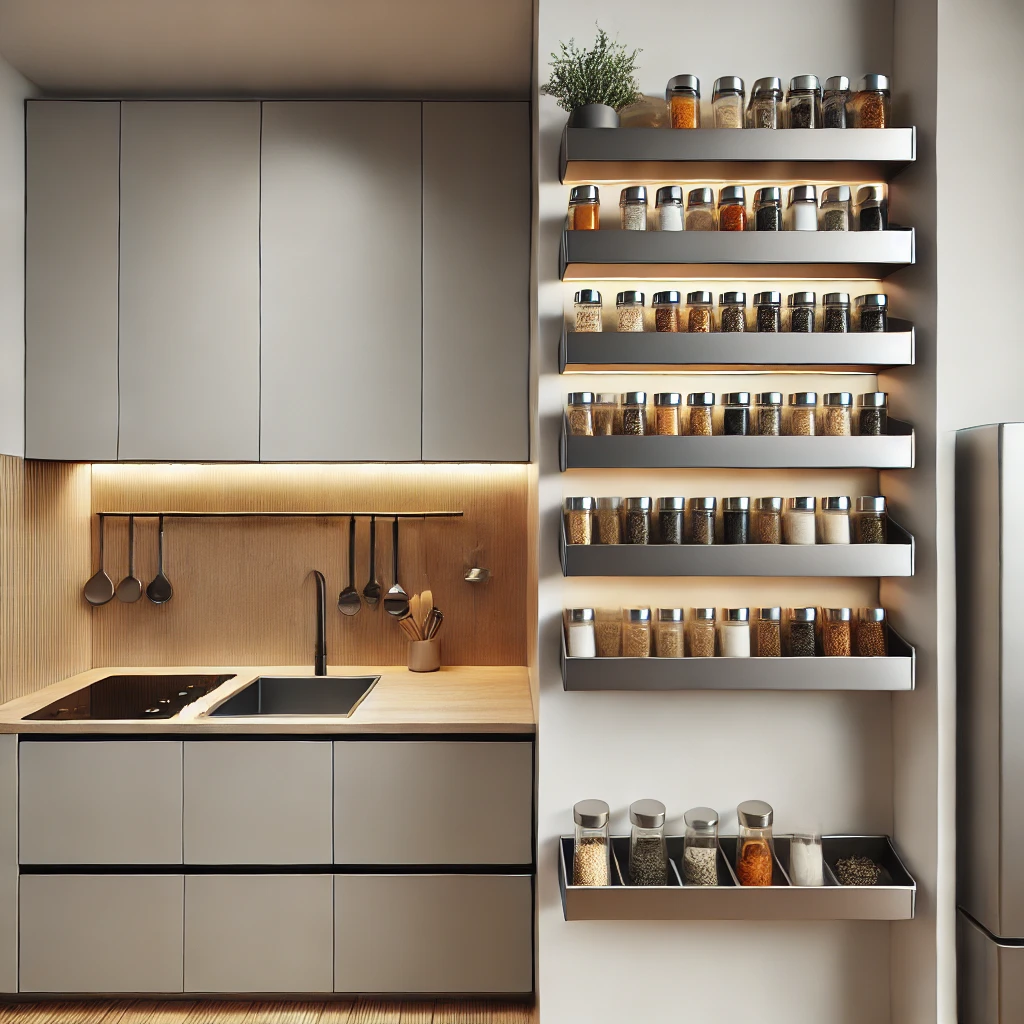 A sleek, modern kitchen featuring a magnetic wall-mounted spice rack for organized storage. The kitchen uses minimalist cabinetry and modern appliances to maximize space