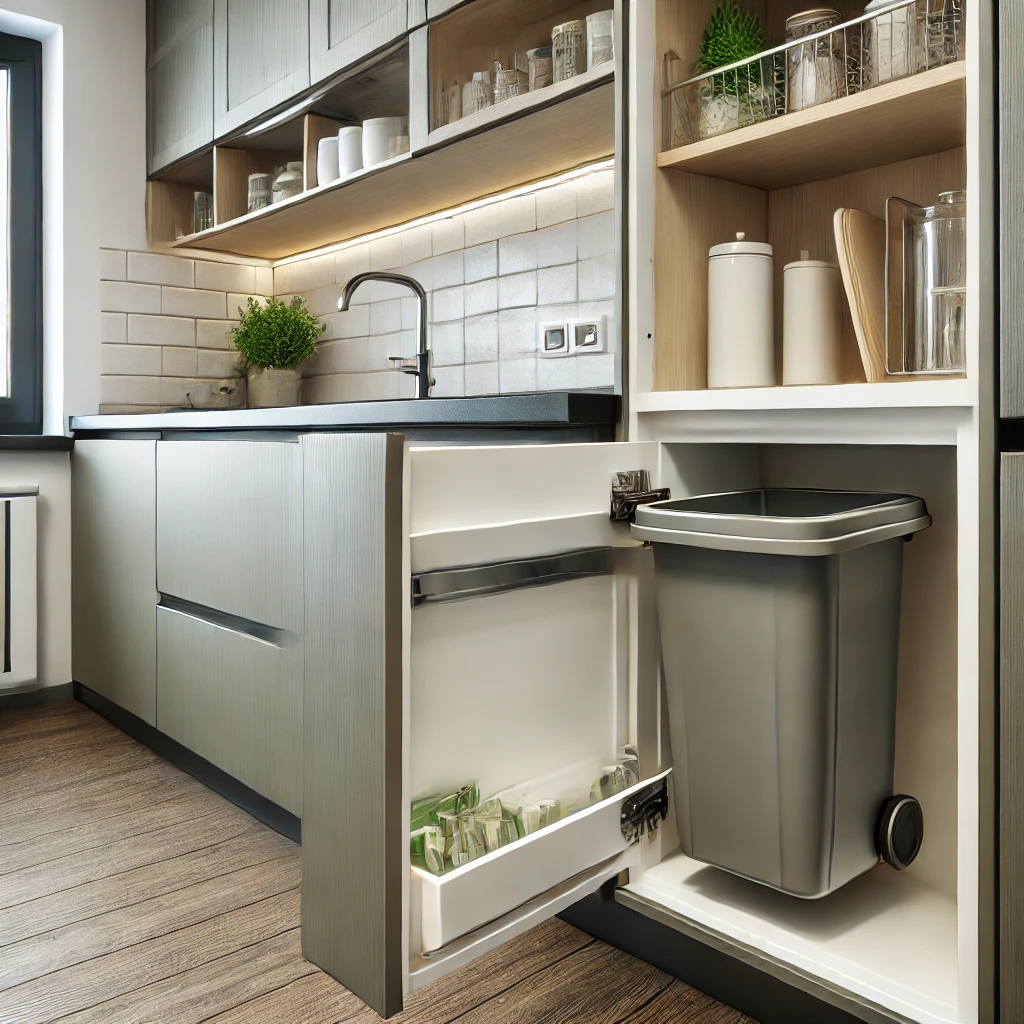 A modern kitchen with a pull-out trash bin system, installed inside a cabinet to maintain a tidy and organized space