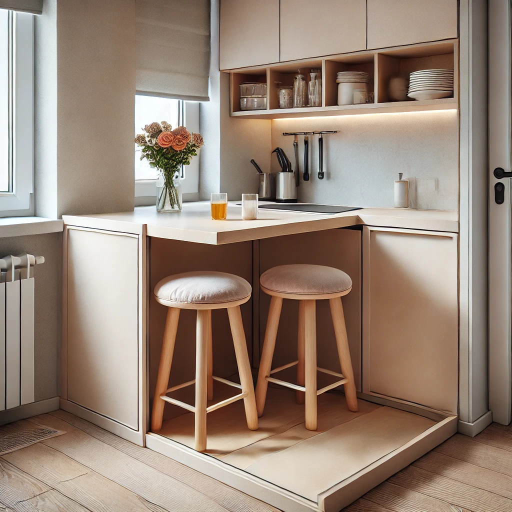 A cozy, functional breakfast nook in a modern kitchen featuring a small table with stools, offering extra storage underneath and maximizing space in a compact kitchen