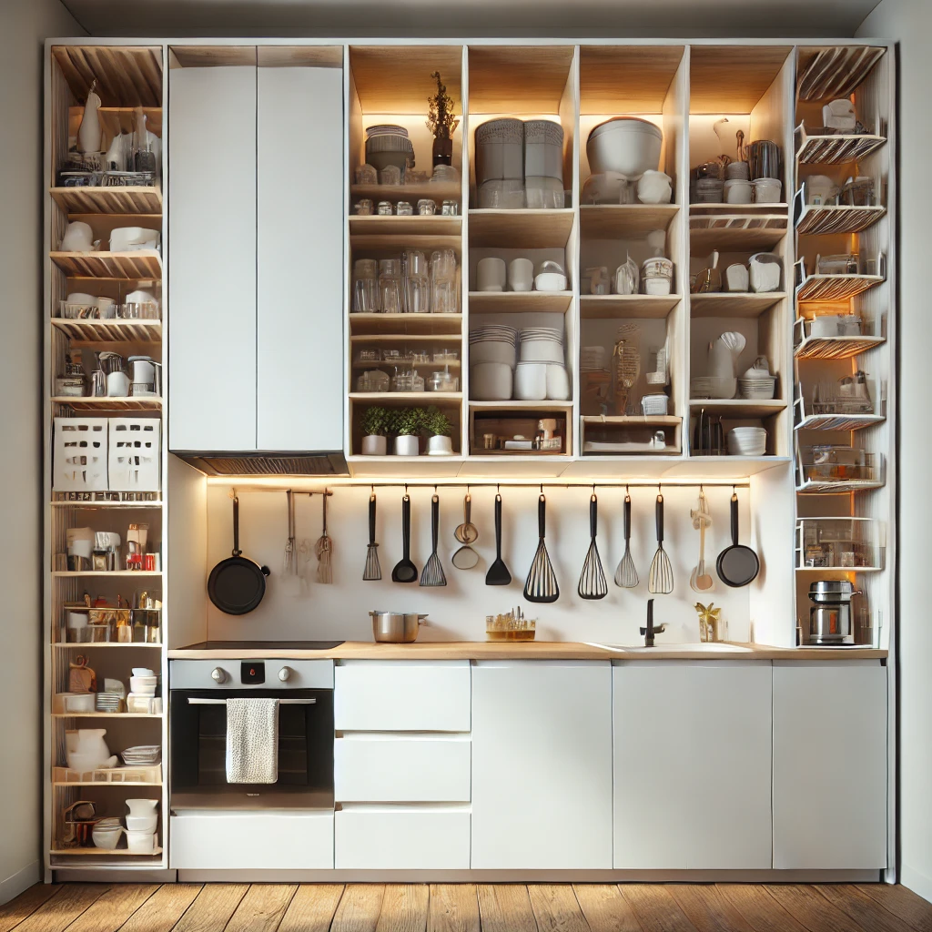 A modern small kitchen featuring vertical storage solutions, with high cabinets, hanging racks, and wall-mounted organizers that free up counter space while adding a decorative touch