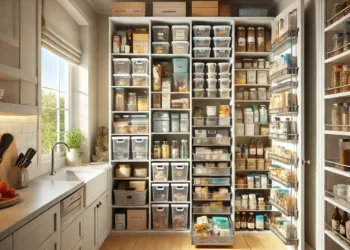 A well-organized small pantry with clear containers, labeled items, adjustable shelves, and pull-out shelves, maximizing space and functionality