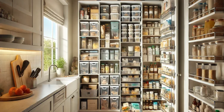 A well-organized small pantry with clear containers, labeled items, adjustable shelves, and pull-out shelves, maximizing space and functionality