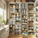 A well-organized small pantry with clear containers, labeled items, adjustable shelves, and pull-out shelves, maximizing space and functionality