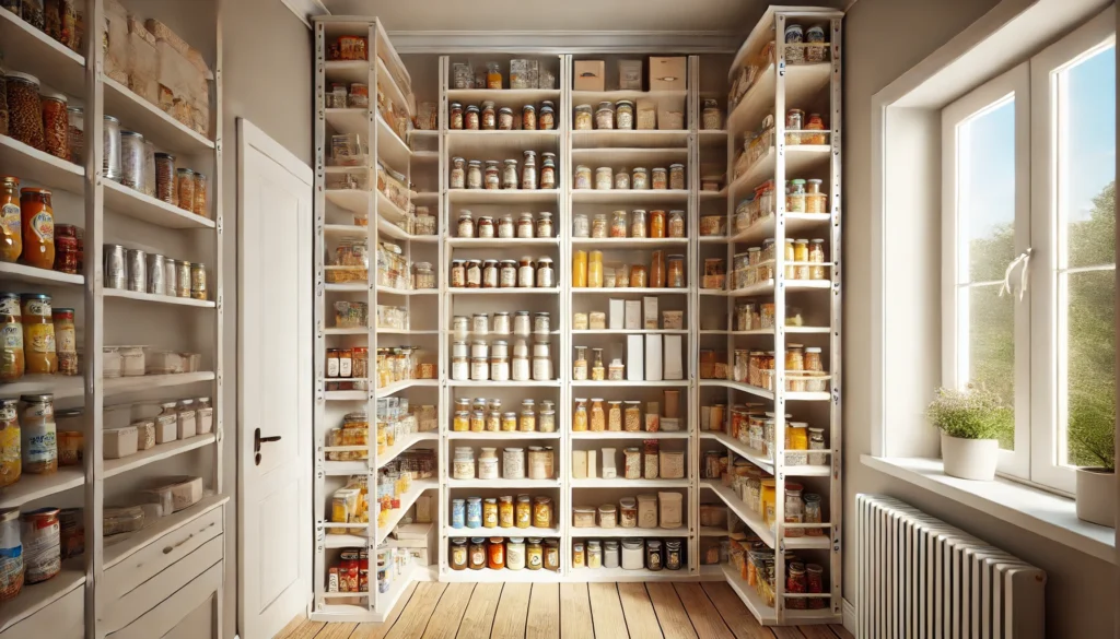 Small pantry with tall adjustable shelves, maximizing vertical storage space with neatly arranged jars, cans, and containers