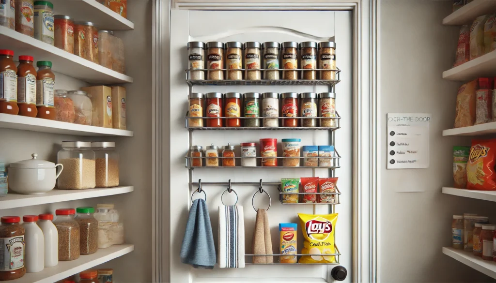 Pantry door with over-the-door rack for spices, hooks for dish towels, and pockets for snacks, maximizing unused space