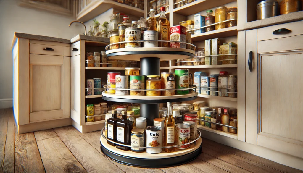 A Lazy Susan rotating tray in a pantry, storing cans, oils, and jars for easy access and maximizing shelf space