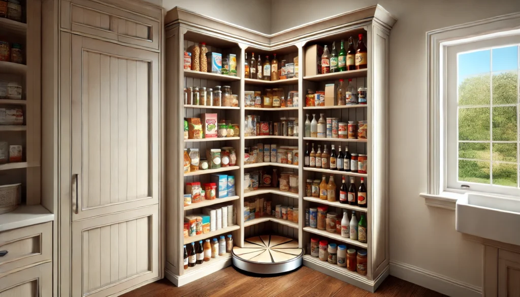 Corner shelves in a pantry holding tall bottles and jars, making use of corner space for better organization. A Lazy Susan enhances accessibility