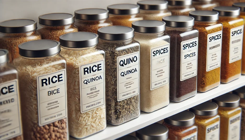 Clear containers in a pantry with large, easy-to-read labels, helping organize and identify contents like rice, quinoa, and spices