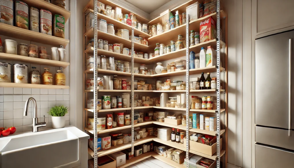 A pantry with adjustable shelves holding jars, cans, and bottles, showcasing how the shelves can be moved to fit items of various sizes