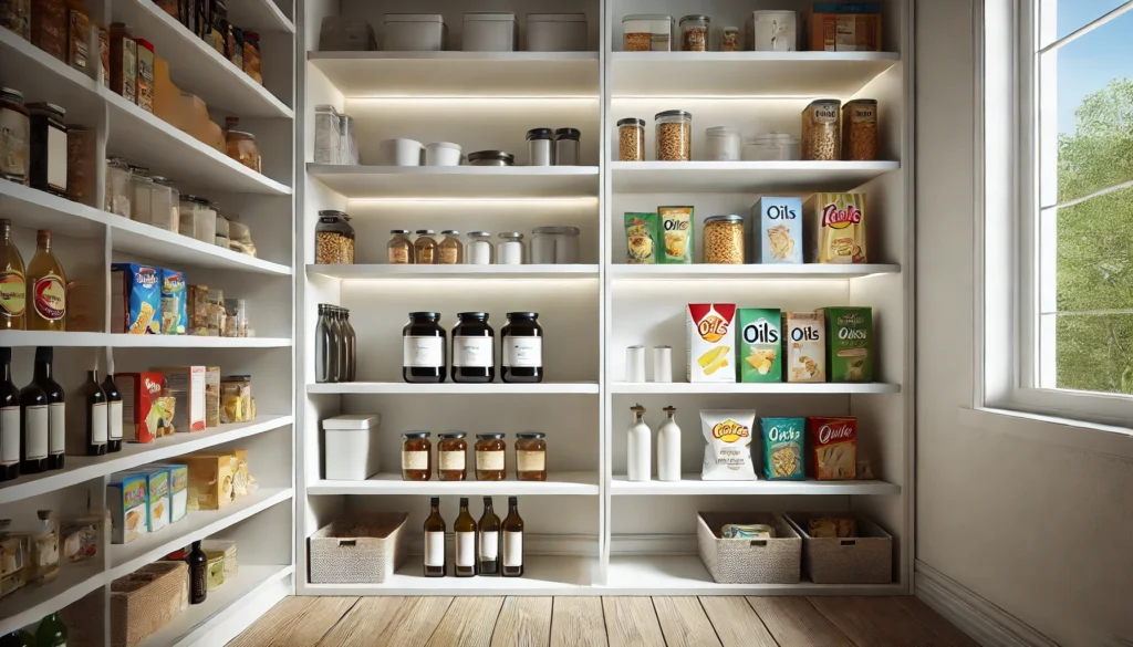 A pantry with sleek floating shelves storing everyday items in matching containers, creating a clean, minimalist, and stylish look