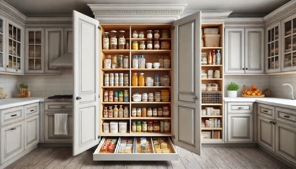 A concealed pantry behind cabinet doors, offering a clean and tidy appearance with neatly organized pantry items. Alternatively, a pull-out pantry provides easy access