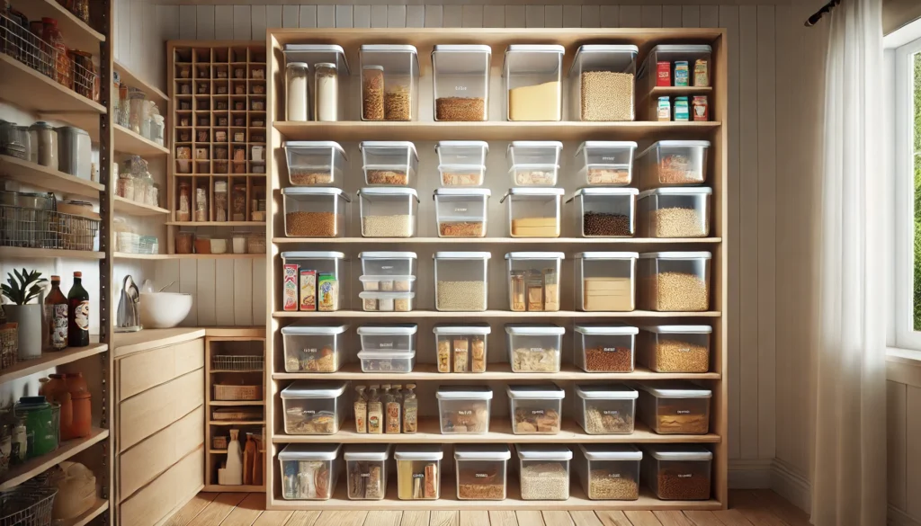 Open shelving in a pantry with clear containers and neatly arranged items, providing easy access and organized storage