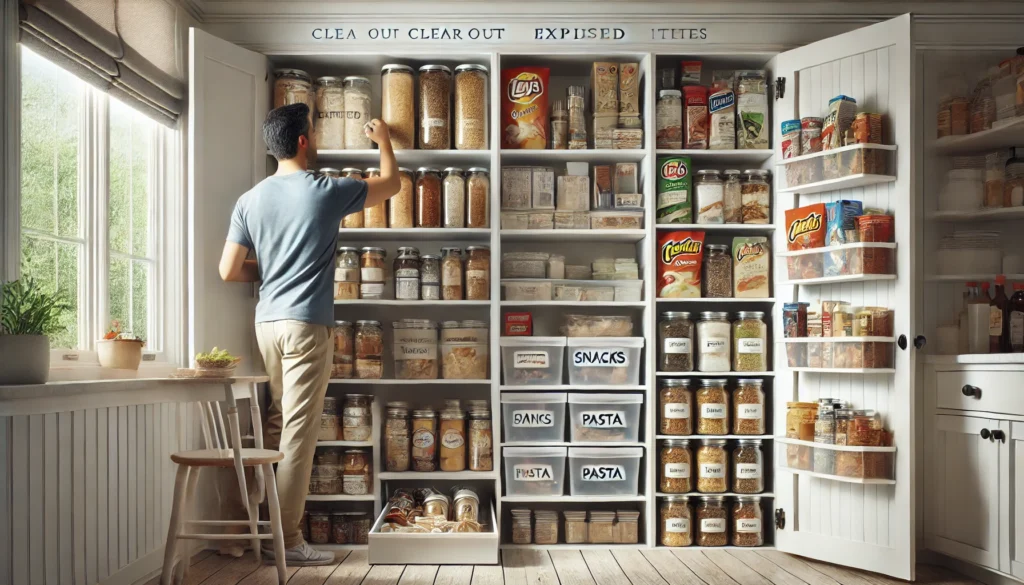 A pantry being organized with expired items cleared out, similar items grouped together, shelves installed for vertical storage, and clear labeled containers for grains and snacks