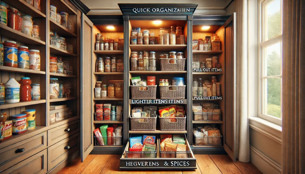 Small pantry with quick organization tips, including heavier items on the bottom shelf, pull-out baskets for snacks, and older items at the front for easy access