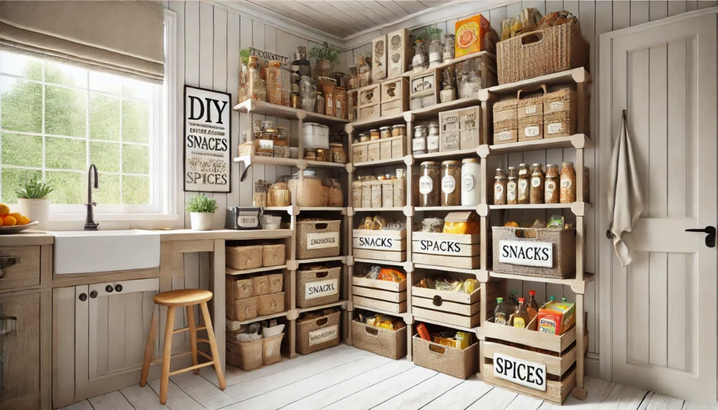 A pantry organized with DIY solutions, including repurposed baskets, wooden crates, and printable labels, offering a functional and creative storage solution