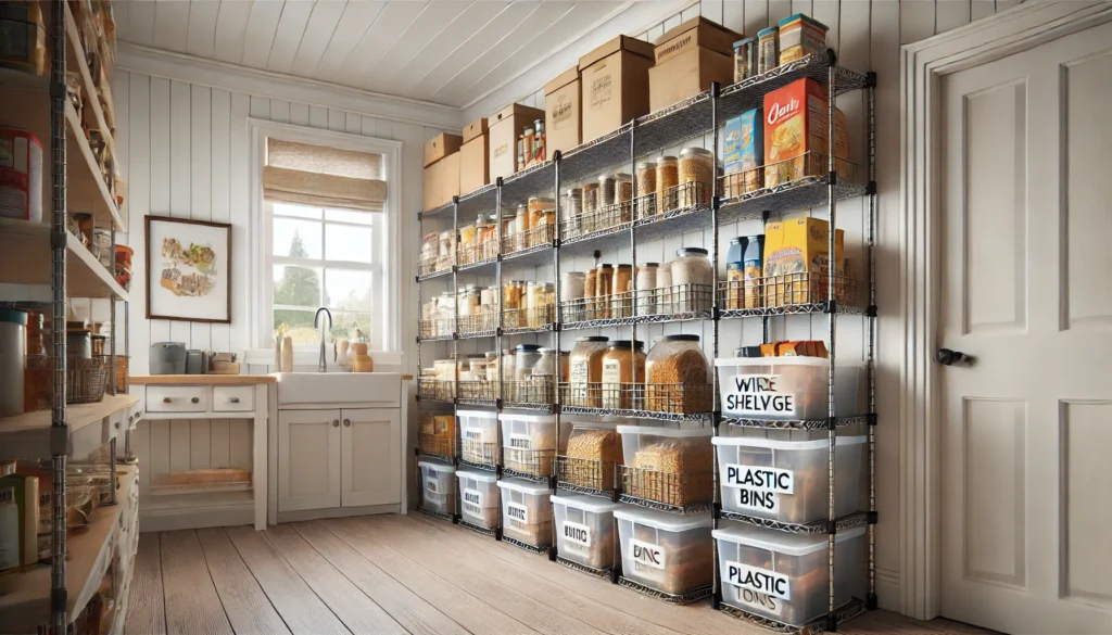 A pantry with wire shelves and plastic bins stacked with dry goods, offering a budget-friendly and effective storage solution