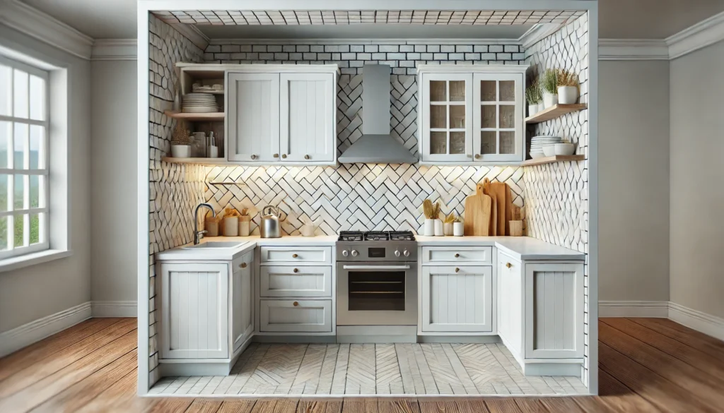 A small kitchen with a modern subway tile backsplash arranged in a stylish herringbone or vertical pattern, creating the illusion of space and height