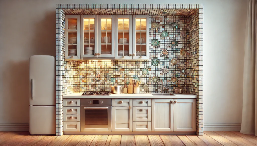 A small kitchen with a mosaic tile backsplash, featuring intricate patterns and glass mosaics that add depth, texture, and light to the space