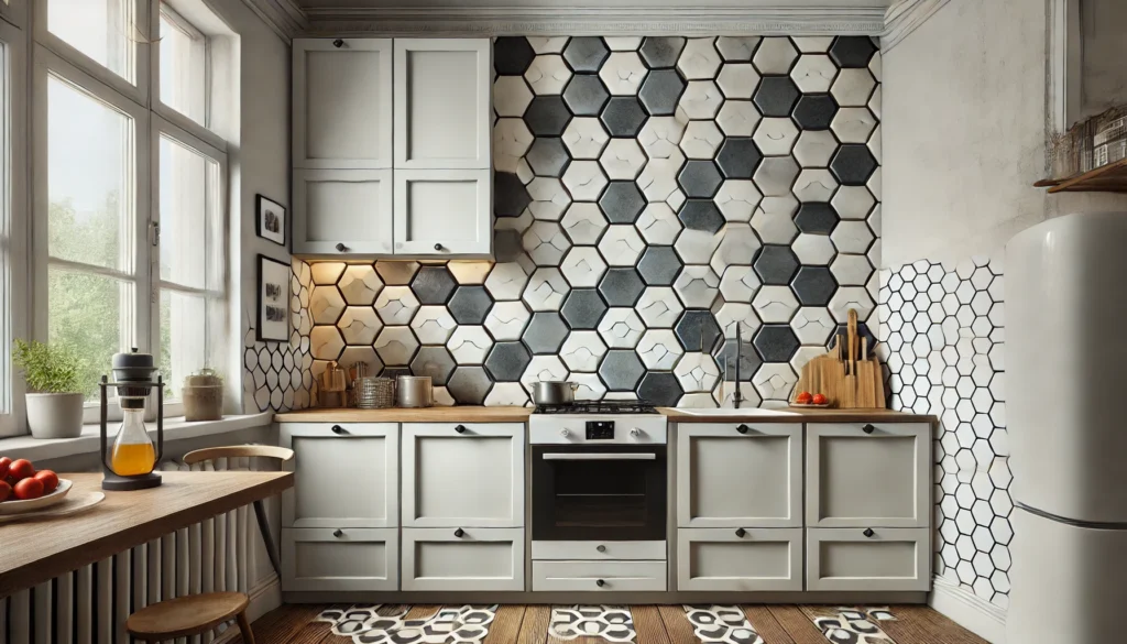 A small kitchen with a bold geometric tile backsplash, featuring hexagonal tiles and large tiles with geometric patterns, adding a modern and industrial touch