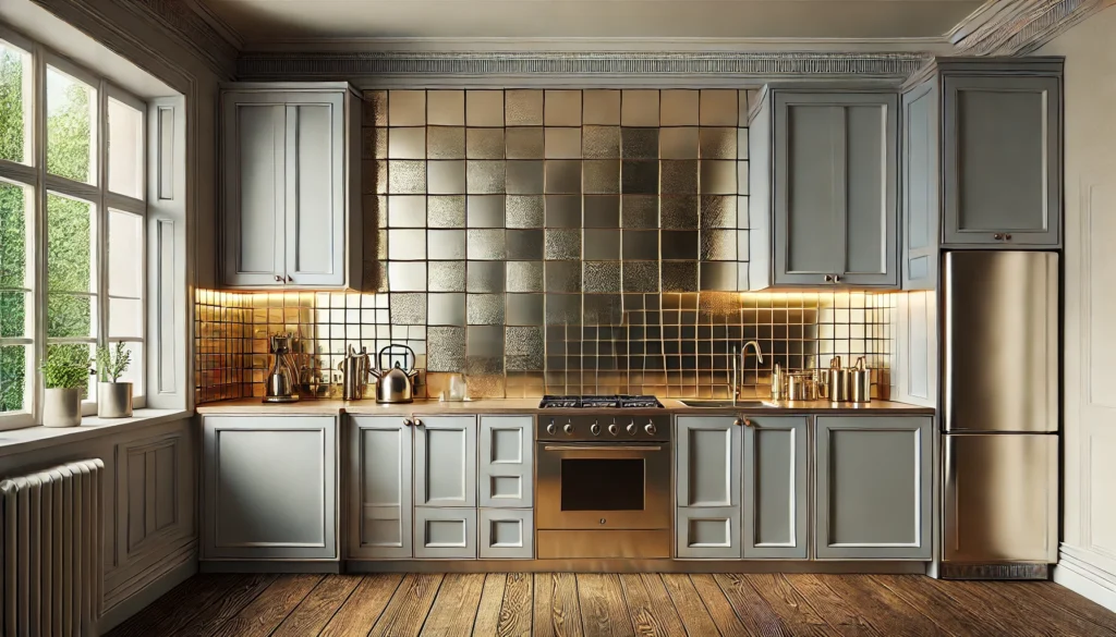 A small kitchen with a metallic backsplash featuring stainless steel or brass tiles, adding glamour and sophistication to the space