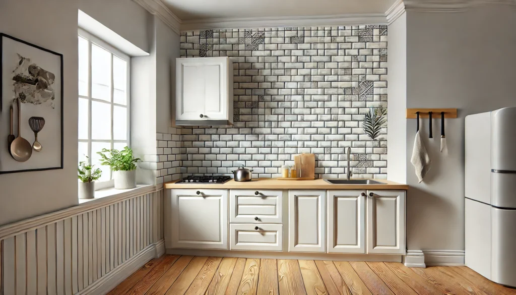 A small kitchen with a peel-and-stick backsplash, featuring faux subway tiles and a modern, neat design, offering an affordable DIY solution