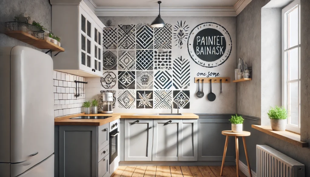 A small kitchen with a painted backsplash featuring geometric patterns or stencil designs, using chalkboard paint for a practical and creative solution