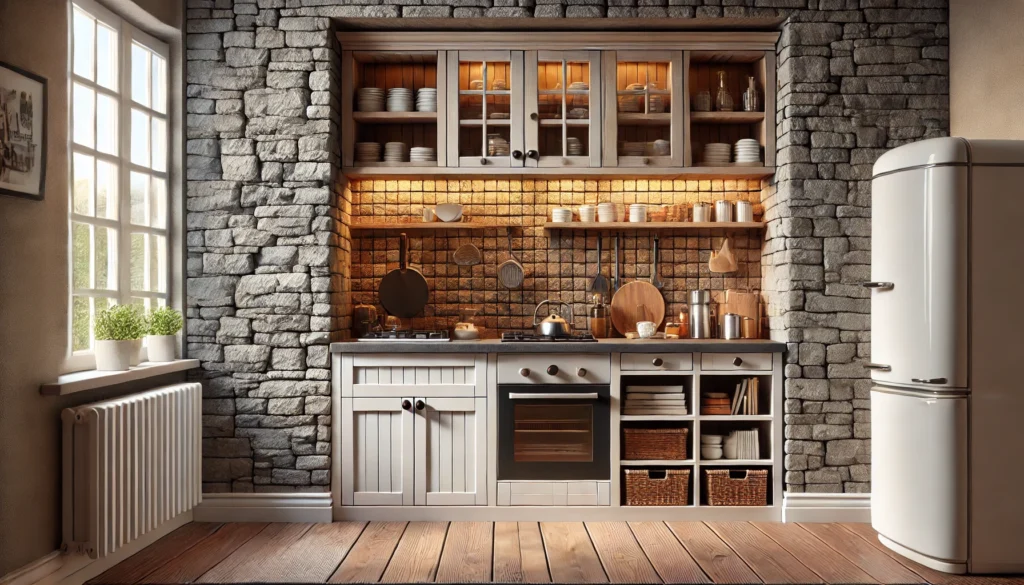 A small kitchen with a stone or brick veneer backsplash, adding warmth and texture, and showcasing rustic or industrial style with faux stone panels