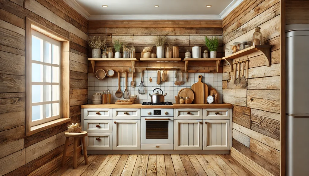 A small kitchen with a wood backsplash, featuring rustic shiplap or modern glossy wood panels, adding warmth and versatility to the space