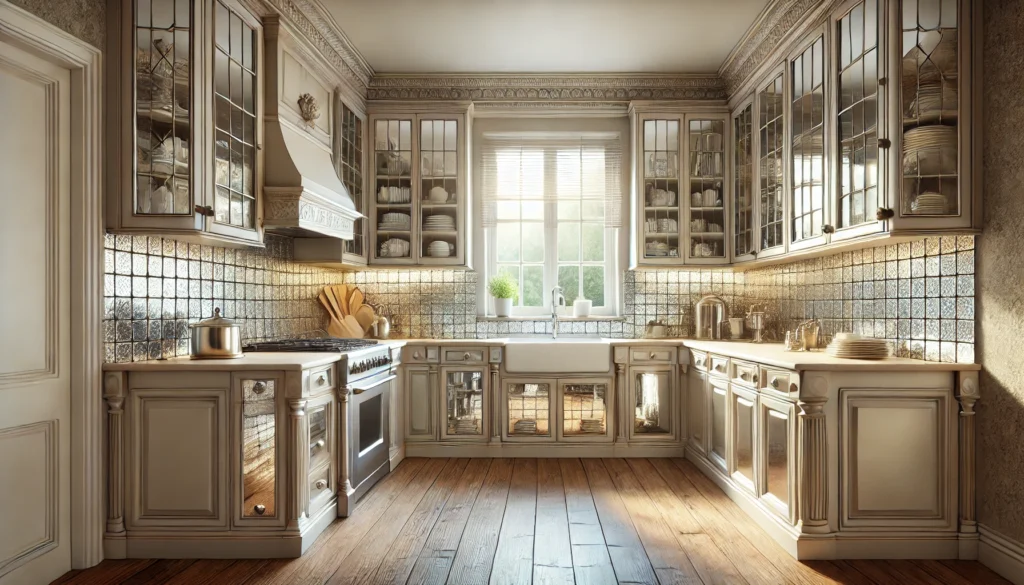 A small kitchen with a mirrored backsplash, reflecting light and creating the illusion of more space with antique mirror tiles and ceramic tiles