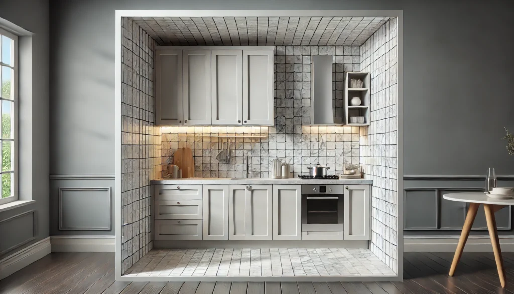 A small kitchen with a continuous backsplash pattern running from the countertop to the ceiling, using large-format tiles or quartz materials to enhance the space