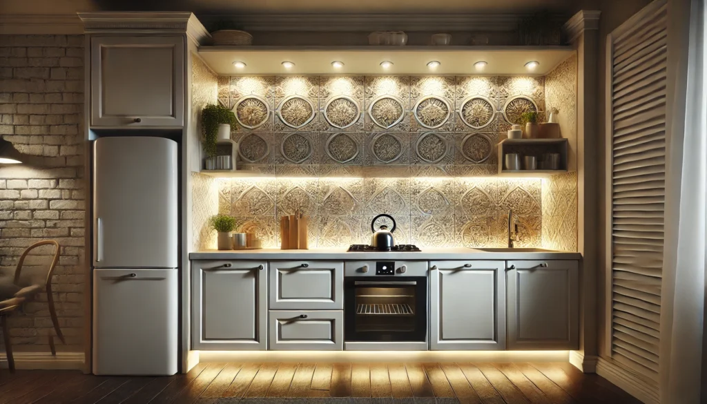 A small kitchen with under-cabinet LED strips or puck lights illuminating the backsplash, enhancing texture and providing task lighting for food preparation