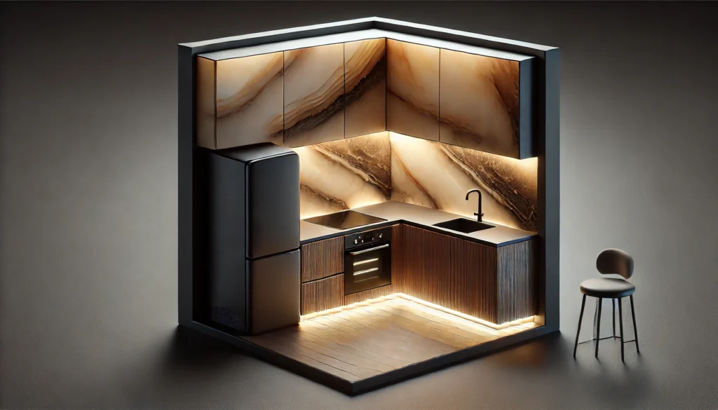 A small kitchen with backlit panels made of onyx or resin, creating a soft ambient glow and serving as both a backsplash and light source