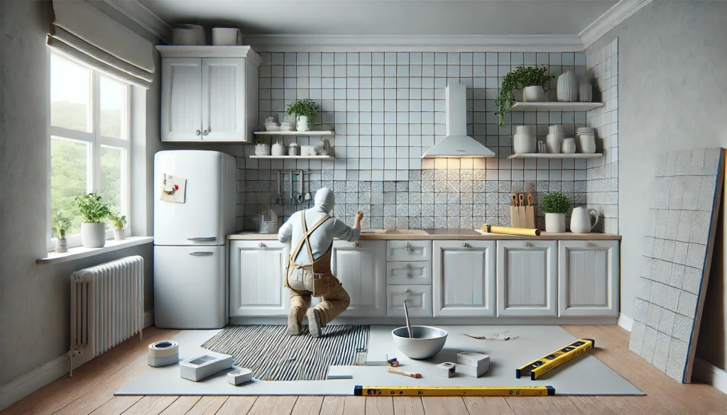 A person setting tile for a small kitchen backsplash, with adhesive applied, spacers used, and tools visible, conveying the DIY process