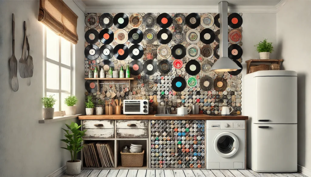 A small kitchen with an upcycled backsplash made from vinyl records, china ware, or bottle caps, showcasing a creative and eco-friendly design