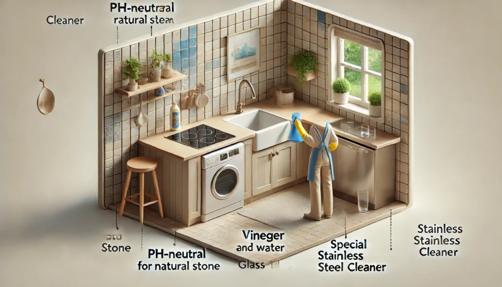 A small kitchen with a person cleaning diverse backsplash materials, including natural stone, glass tiles, and stainless steel, using the appropriate cleaners for each