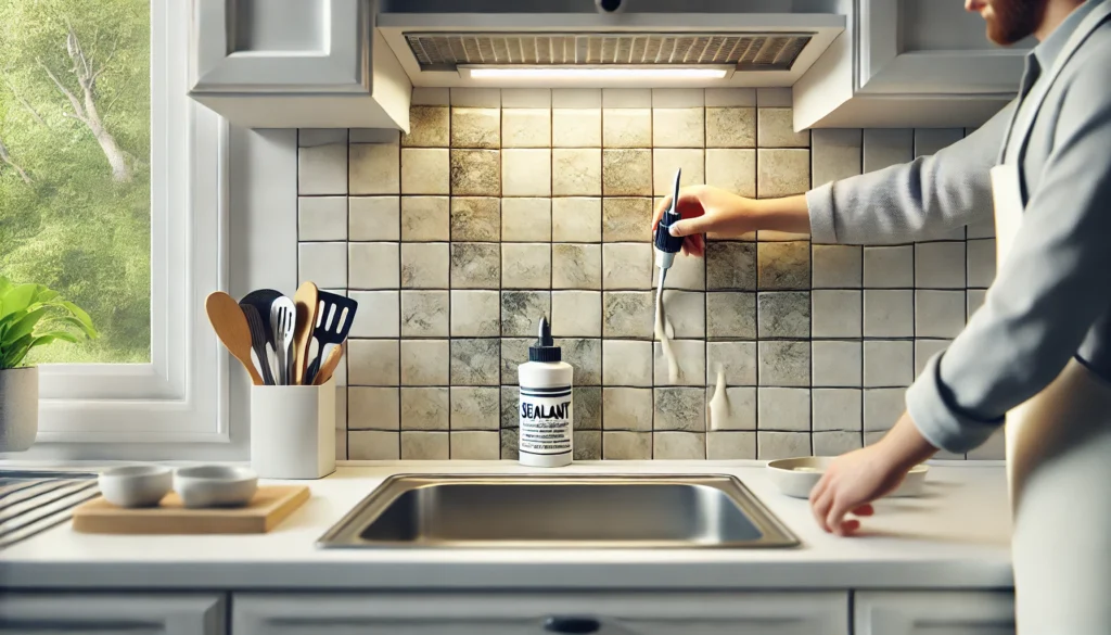 A small kitchen with a person sealing or regrouting the backsplash to maintain its appearance and prevent stains or mold