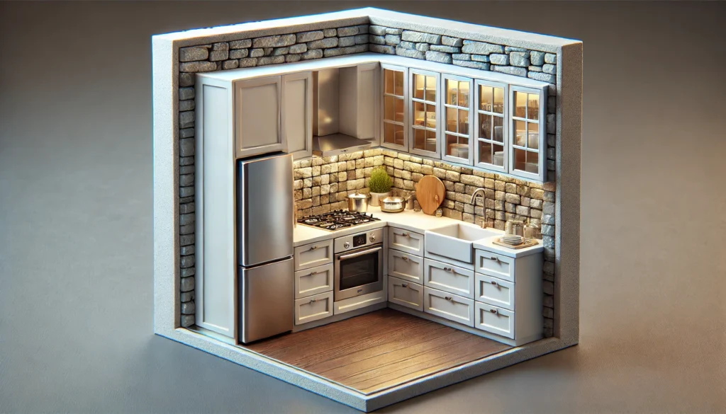 A small kitchen with a backsplash made of mixed materials, featuring glass and rough natural stone, creating a visually striking design