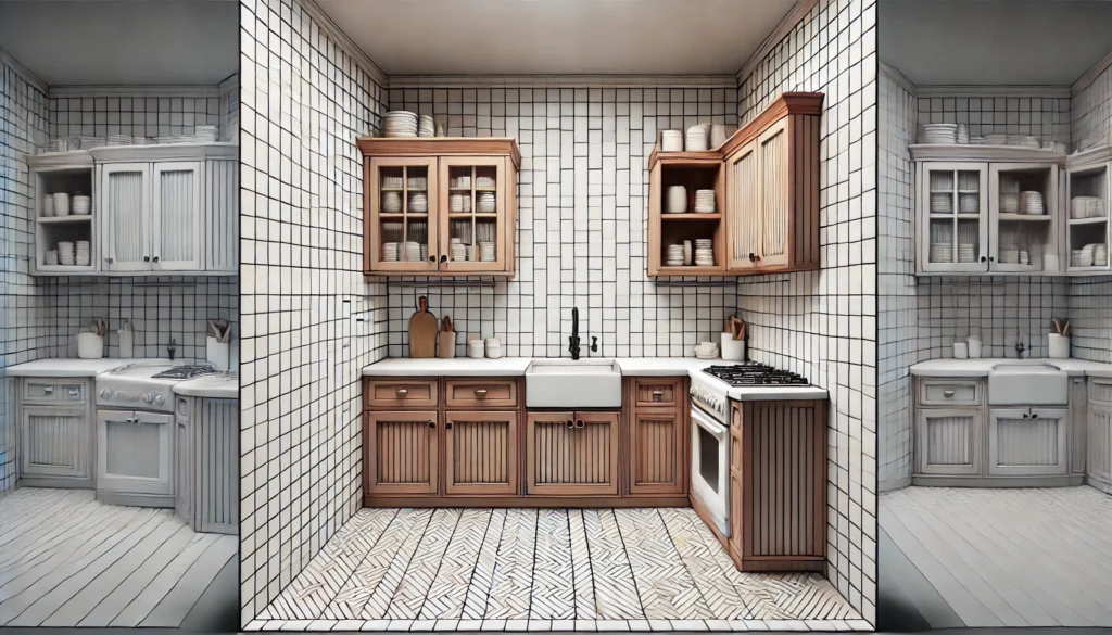 A small kitchen with a backsplash featuring both vertical subway tiles and horizontal stripes, creating an interesting and dynamic pattern that makes the space feel larger