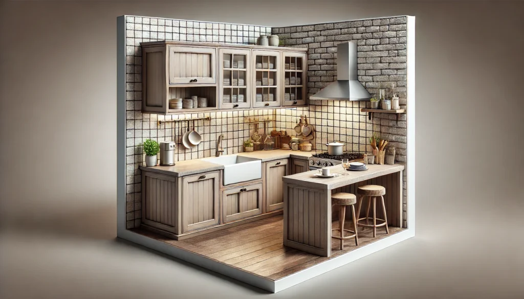 A small kitchen with a backsplash that complements the overall style, featuring either modern large-format tiles or rustic brick/stone veneer, matching the cabinets and countertops