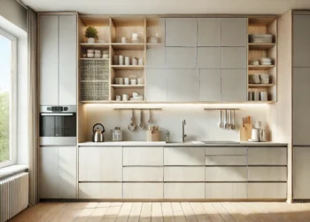 A modern small kitchen featuring modular cabinets, vertical storage solutions, and a minimalist design with natural lighting, showcasing space-saving features