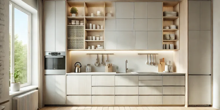 A modern small kitchen featuring modular cabinets, vertical storage solutions, and a minimalist design with natural lighting, showcasing space-saving features