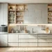 A modern small kitchen featuring modular cabinets, vertical storage solutions, and a minimalist design with natural lighting, showcasing space-saving features
