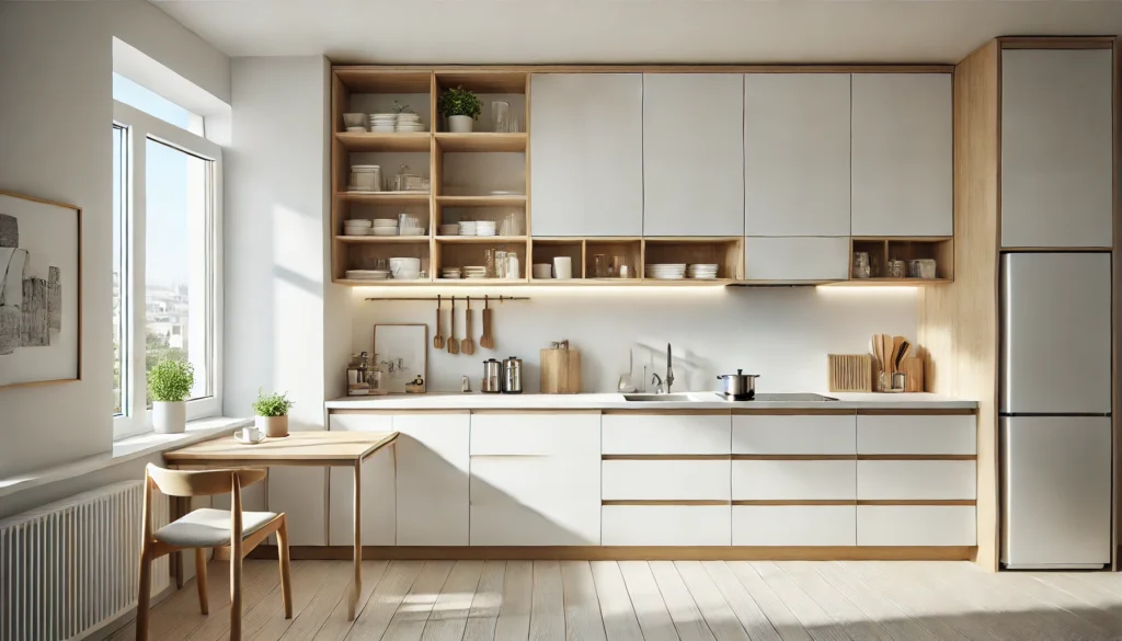 A modern small kitchen featuring versatile modular kitchen cabinets with white and light wood finishes, designed to maximize space and efficiency. The design is minimalist and functional with a clean, clutter-free countertop and natural light