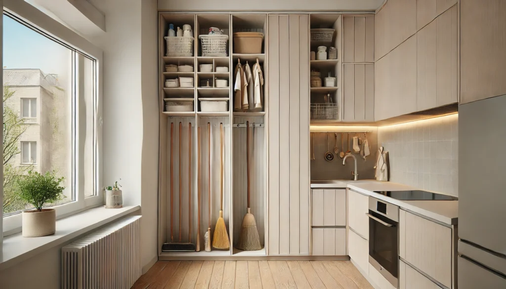 A small kitchen featuring vertical cabinets mounted on the walls for efficient storage, holding items like brooms, mops, and small appliances. The design is minimalist with a bright and airy atmosphere, utilizing natural light