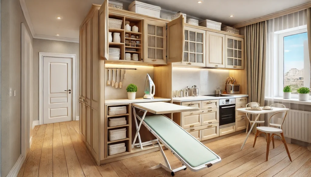 A modern small kitchen with multi-functional cabinets, including a pull-out table that doubles as extra countertop space and a hidden folding ironing board. The design is clean, efficient, and space-maximizing, with natural light enhancing the atmosphere