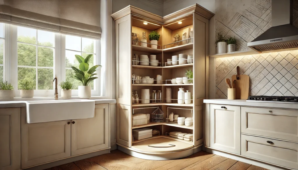 A modern small kitchen corner featuring a Lazy Susan corner cabinet with revolving shelves that maximize space and improve accessibility. The kitchen is clean, functional, and filled with natural light